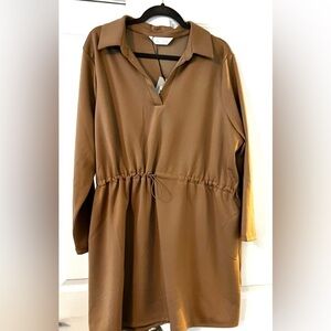 Tan adjustable waist tunic long sleeve dress